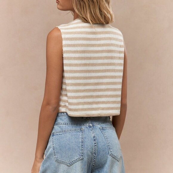 Multicolor Casual Women's Striped Knit Mesh Buttoned Sleeveless Top - Picture 2 of 4